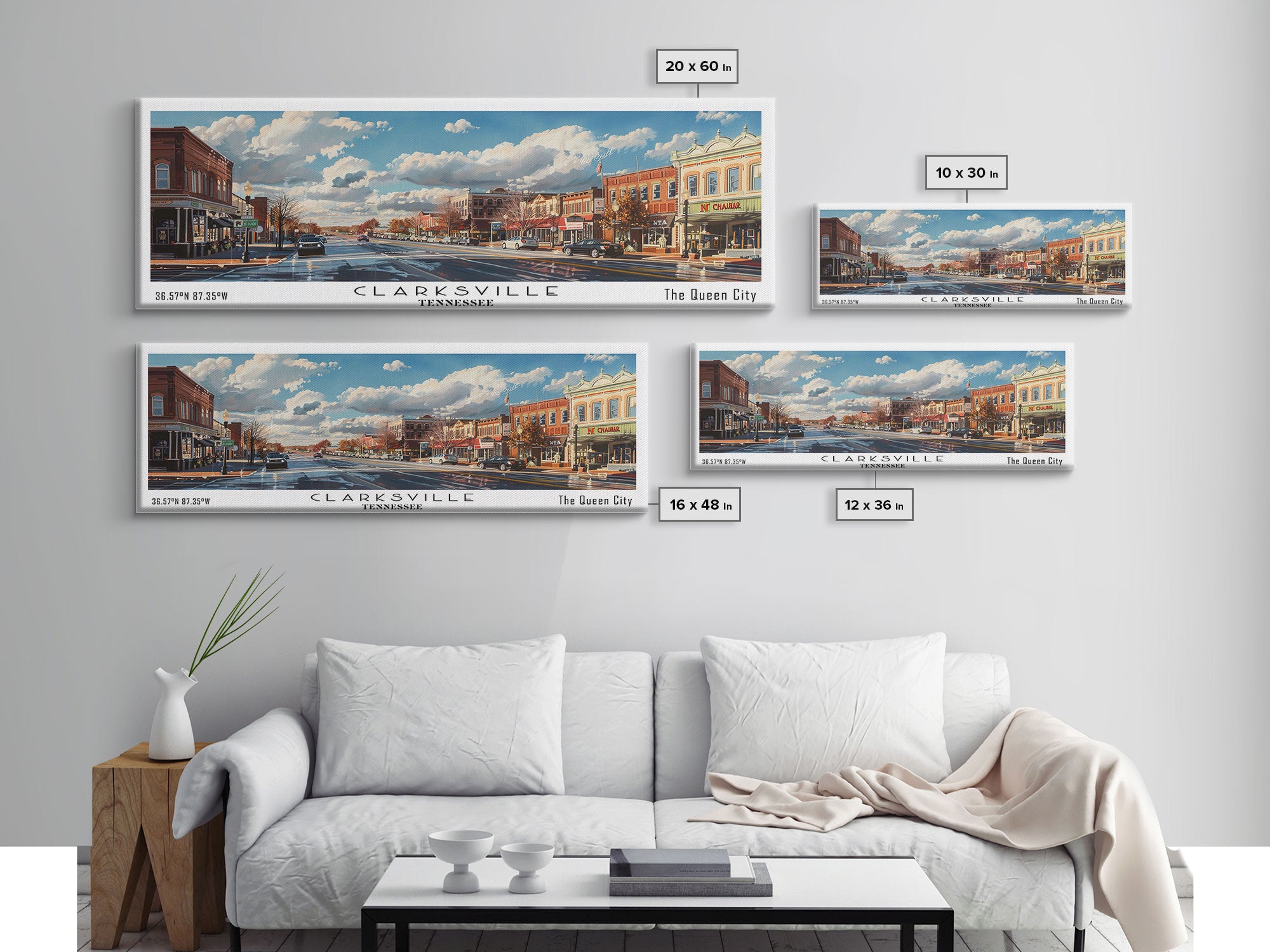 Clarksville Tennessee Panoramic Watercolor Painting Framed Canvas Print, Travel Poster Art, Scenic Landscape, Home Decor, Living Room Wall Art, Office Decoration, Unique Tennessee Gift