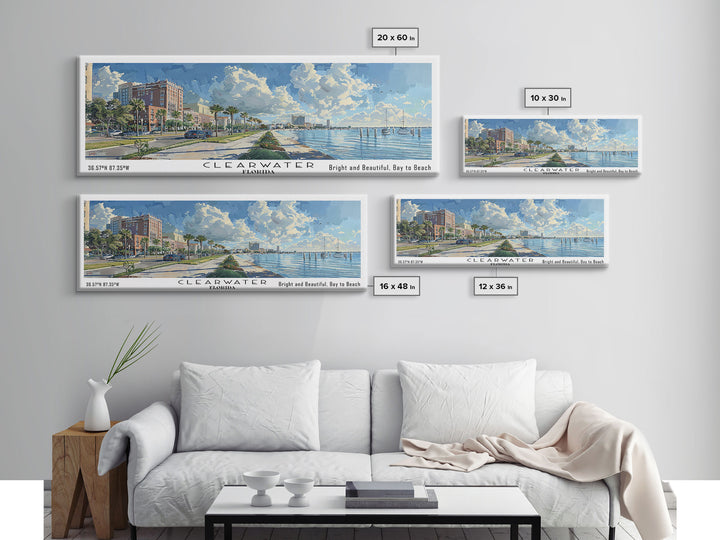 Clearwater Florida Panoramic Watercolor Painting Framed Canvas Print, Travel Poster Art, Coastal View, Home Decor, Wall Hanging, Office Art, Gift for Beach Lovers