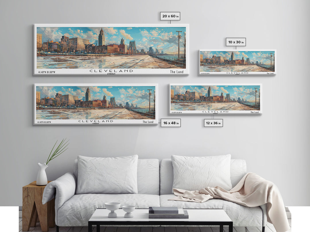 Cleveland Ohio Panoramic Watercolor Painting Framed Canvas Print, Travel Poster Art, Urban Cityscape, Home Decor, Living Room Wall Art, Office Decoration, Gift for Ohioans