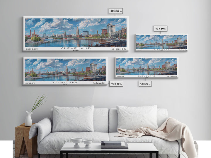 Cleveland Ohio Panoramic Watercolor Painting Framed Canvas Print, Travel Poster Art, Urban Landscape, Bedroom Wall Art, Living Room Decoration, Office Wall Art, Ohio-Themed Gift
