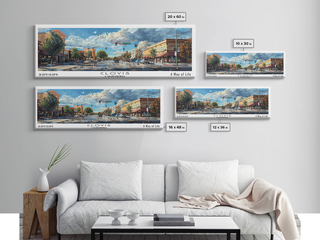 Clovis California Panoramic Watercolor Painting Framed Canvas Print, Travel Poster Art, Picturesque Landscape, Home Decor, Living Room Wall Art, Office Decoration, Unique Travel Gift