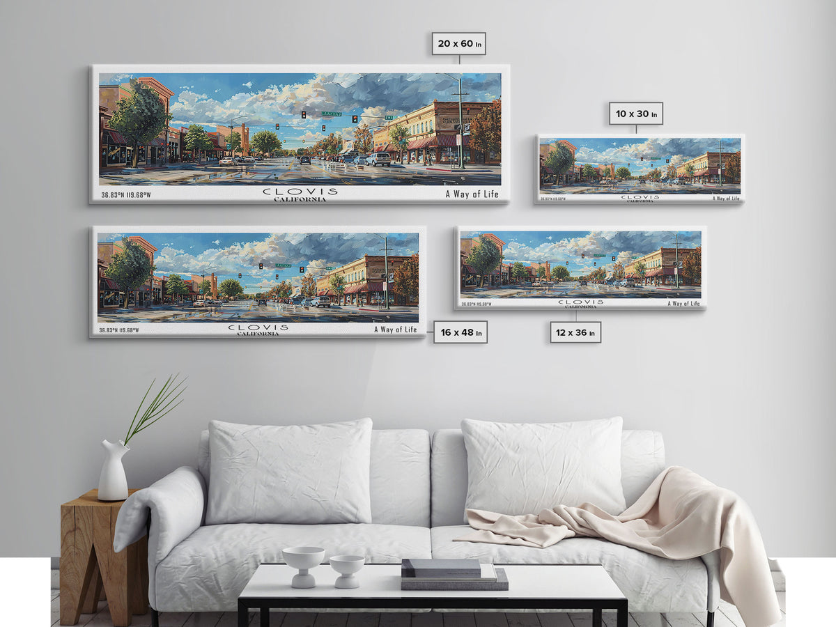 Clovis California Panoramic Watercolor Painting Framed Canvas Print, Travel Poster Art, Picturesque Landscape, Home Decor, Living Room Wall Art, Office Decoration, Unique Travel Gift