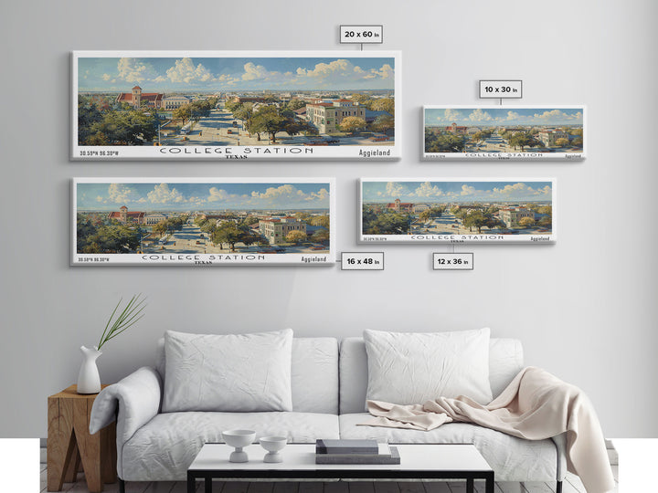 College Station Texas Panoramic Watercolor Painting Framed Canvas Print, Travel Poster Art, Cityscape, Living Room Decor, Wall Hanging, Office Art, Texas-Themed Gift