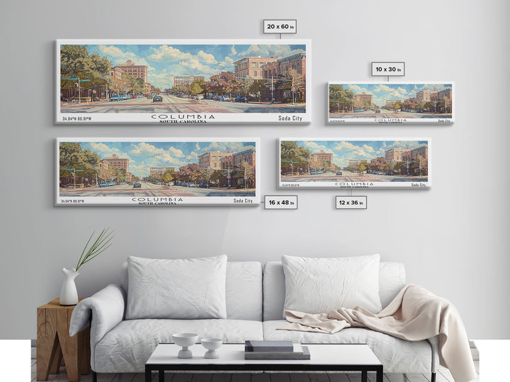 Columbia South Carolina Panoramic Watercolor Painting Framed Canvas Print, Travel Poster Art, Urban Cityscape, Living Room Decor, Wall Hanging, Office Art, Southern Charm Gift