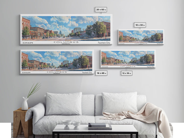 Columbus Georgia Panoramic Watercolor Painting Framed Canvas Print, Travel Poster Art, Picturesque Landscape, Home Decor, Living Room Wall Art, Office Decoration, Unique Travel Gift