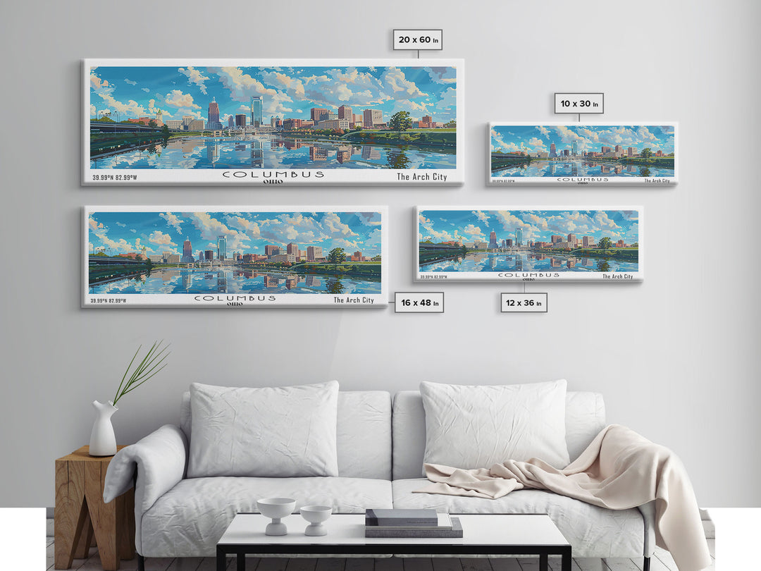 Columbus Ohio Panoramic Watercolor Painting Framed Canvas Print, Travel Poster Art, Urban Cityscape, Home Decor, Living Room Wall Art, Office Decoration, Gift for Ohioans