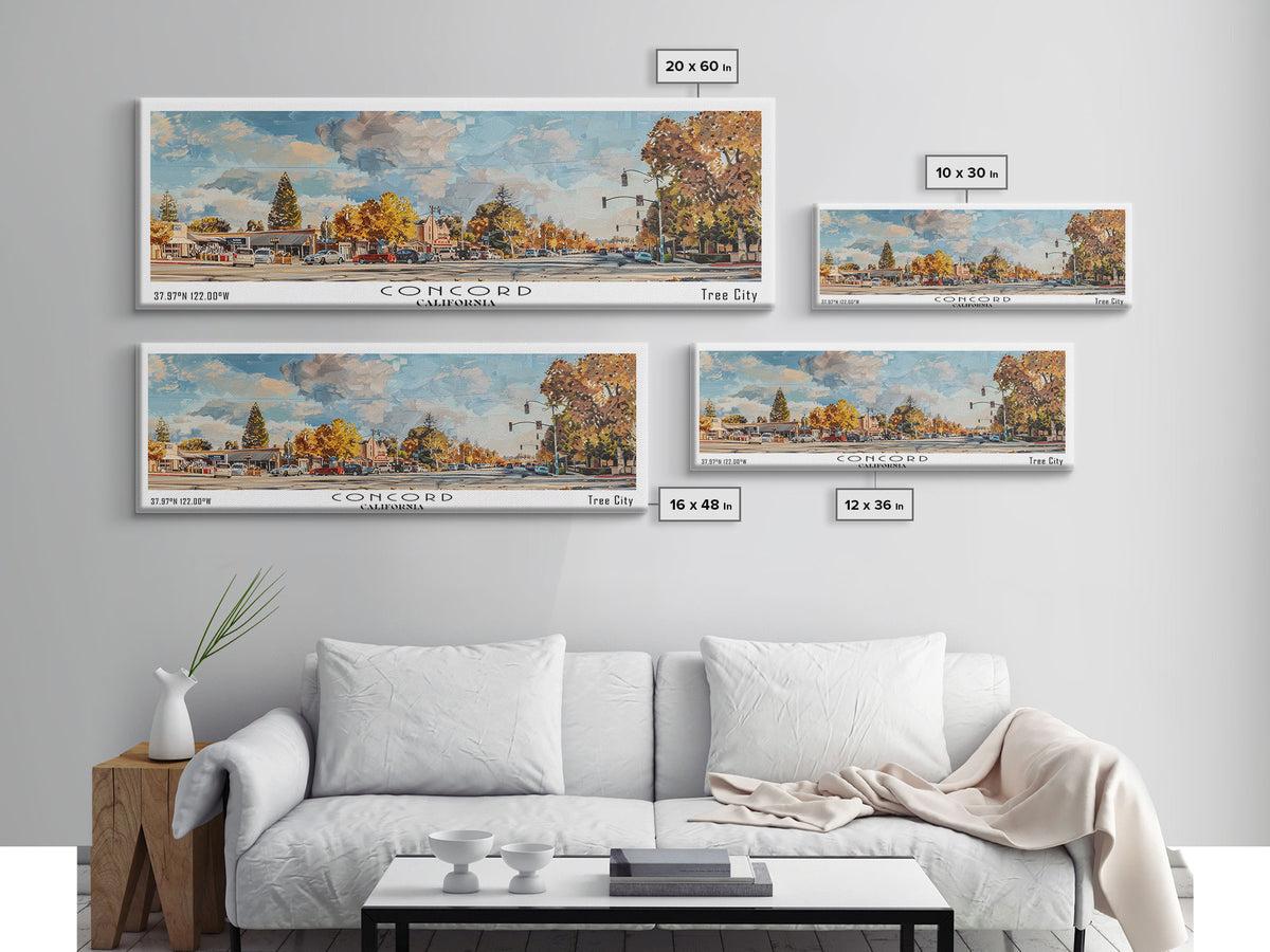 Concord California Panoramic Watercolor Painting Framed Canvas Print, Travel Poster Art, Urban Landscape, Bedroom Wall Art, Living Room Decoration, Office Wall Art, California-Themed Gift