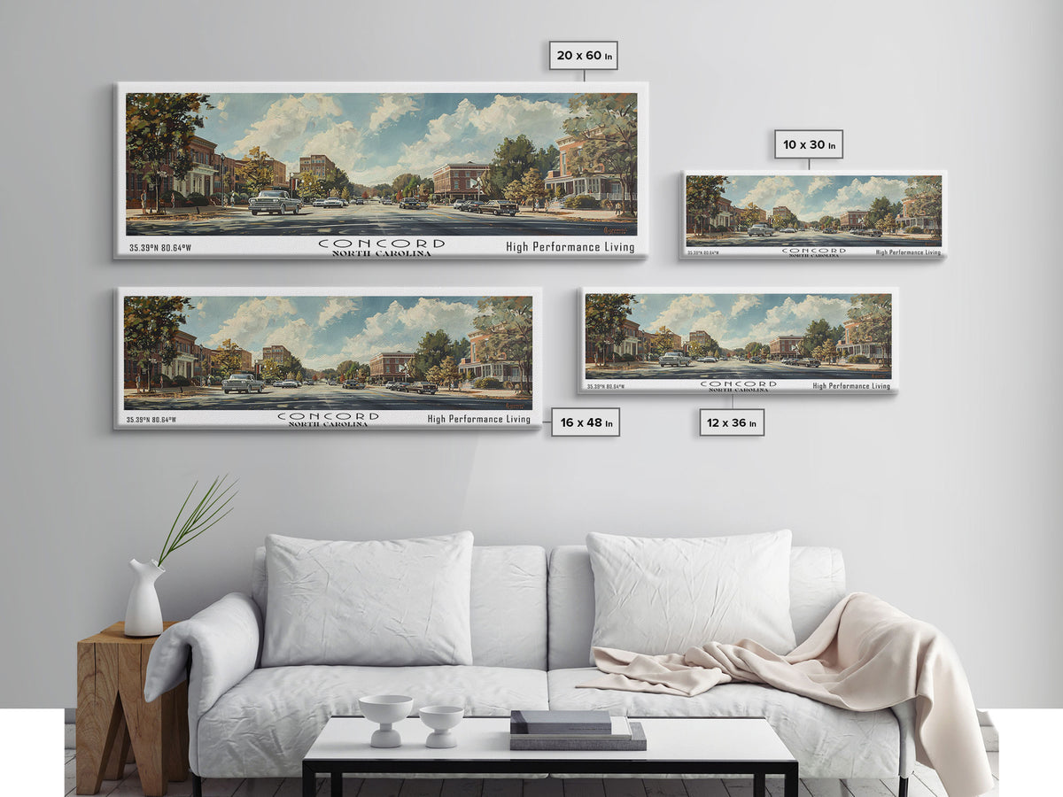 Concord North Carolina Panoramic Watercolor Painting Framed Canvas Print, Travel Poster Art, Urban Cityscape, Living Room Decor, Wall Hanging, Office Art, Southern Charm Gift