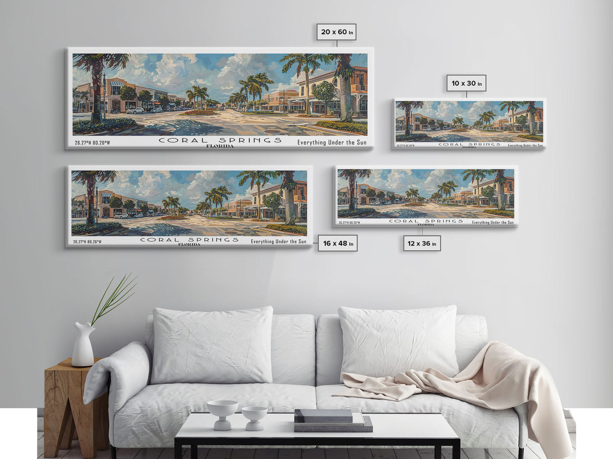 Coral Springs Florida Panoramic Watercolor Painting Framed Canvas Print, Travel Poster Art, Coastal View, Home Decor, Living Room Wall Art, Office Decoration, Gift for Beach Lovers