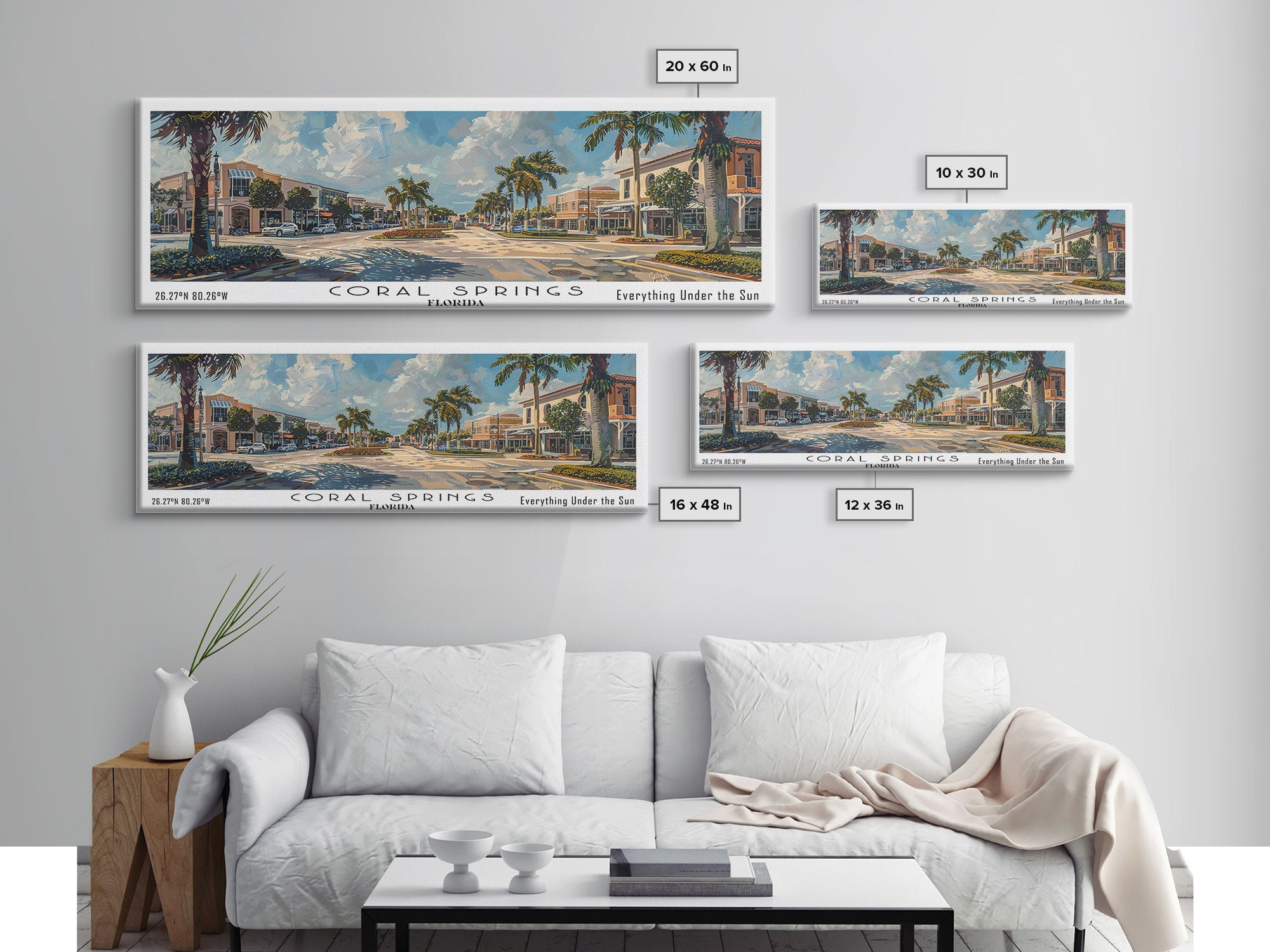Coral Springs Florida Panoramic Watercolor Painting Framed Canvas Print, Travel Poster Art, Coastal View, Home Decor, Living Room Wall Art, Office Decoration, Gift for Beach Lovers