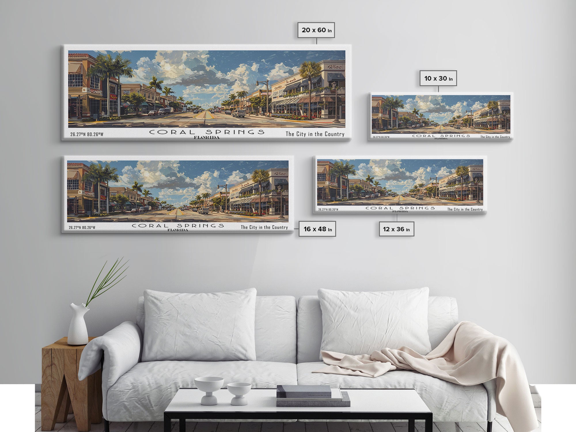 Coral Springs Florida Panoramic Watercolor Painting Framed Canvas Print, Travel Poster Art, Scenic Coastal View, Bedroom Wall Art, Living Room Decoration, Office Wall Art, Florida-Themed Gift