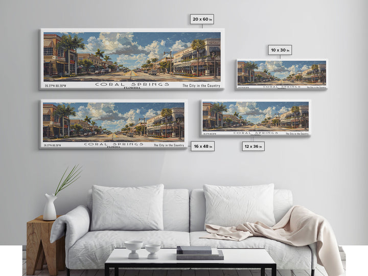 Coral Springs Florida Panoramic Watercolor Painting Framed Canvas Print, Travel Poster Art, Scenic Coastal View, Bedroom Wall Art, Living Room Decoration, Office Wall Art, Florida-Themed Gift