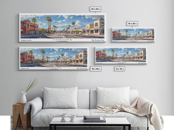Corona California Panoramic Watercolor Painting Framed Canvas Print, Travel Poster Art, Urban Cityscape, Home Decor, Living Room Wall Art, Office Decoration, Gift for California Lovers