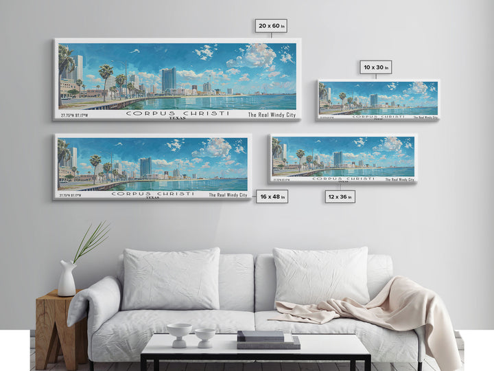 Corpus Christi Texas Panoramic Watercolor Painting, Scenic Framed Canvas Print, Coastal Wall Art for Living Room, Travel Decor, City Print, Vacation Gift