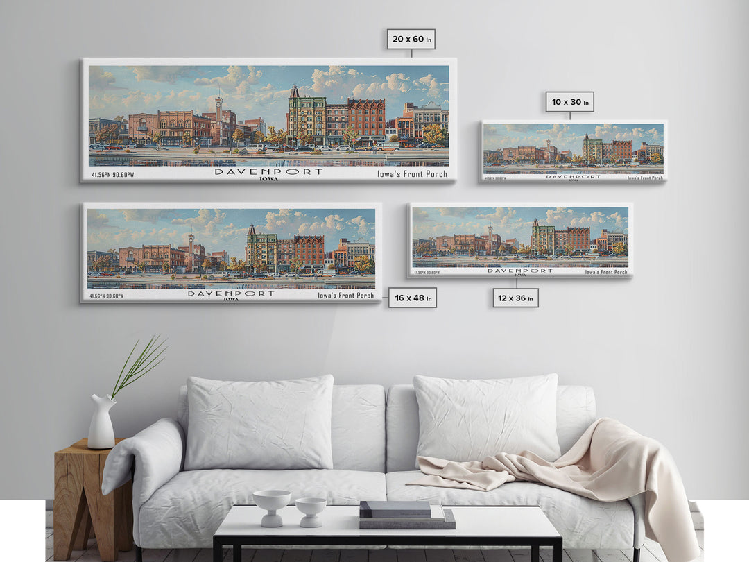 Davenport Iowa Panoramic Watercolor Painting, Scenic Framed Canvas Print, Urban Wall Art for Office, Travel Poster, Home Decor, City Gift Idea