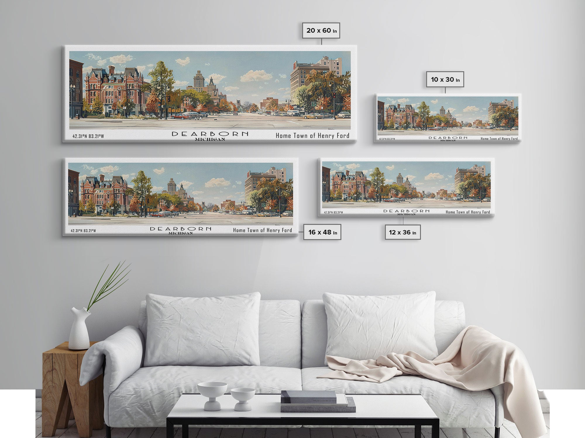 Dearborn Michigan Panoramic Watercolor Painting, Scenic Framed Canvas Print, Urban Wall Art for Living Room, Travel Decor, City Print, Gift Idea