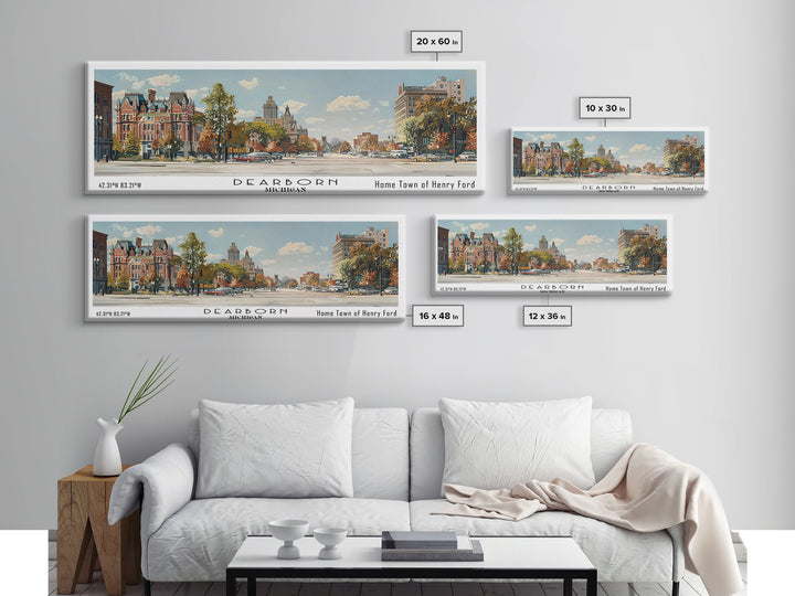 Dearborn Michigan Panoramic Watercolor Painting, Scenic Framed Canvas Print, Urban Wall Art for Living Room, Travel Decor, City Print, Gift Idea