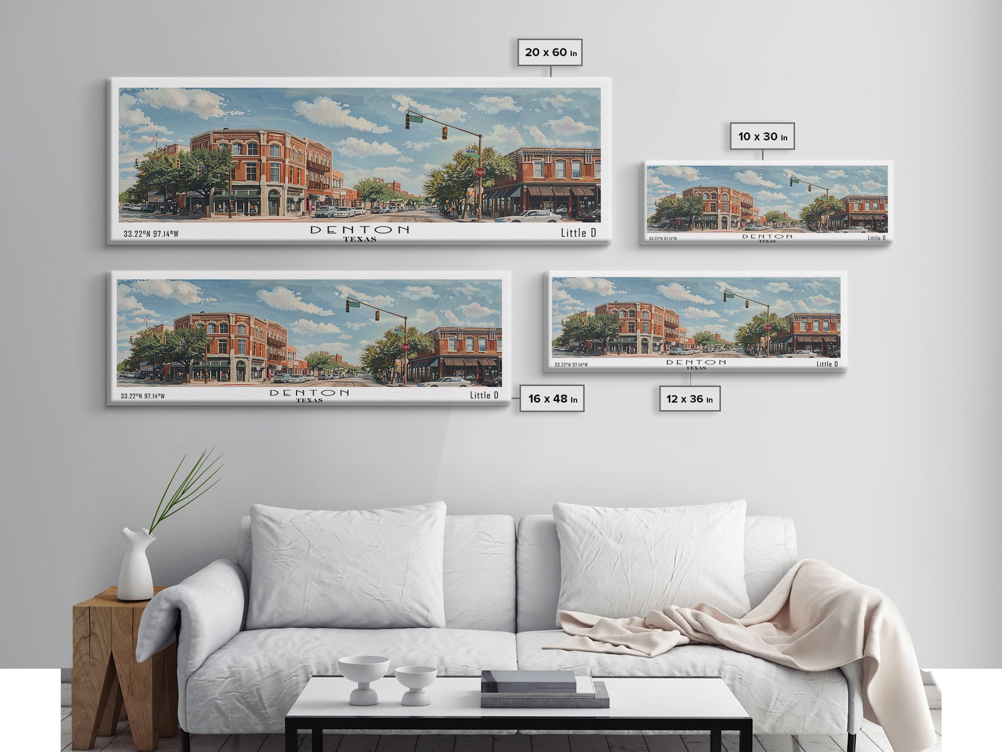 Denton Texas Panoramic Watercolor Painting, Scenic Framed Canvas Print, Urban Wall Art for Living Room, Travel Decor, City Print, Gift Idea