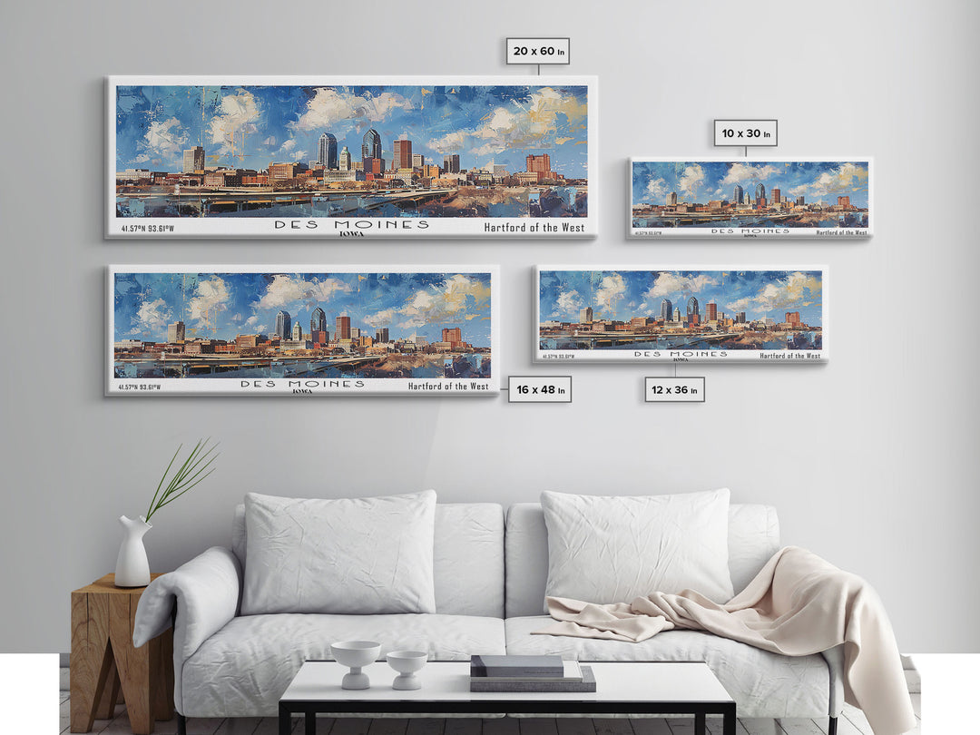 Des Moines Iowa Panoramic Watercolor Painting, Scenic Framed Canvas Print, Urban Wall Art for Office, Travel Poster, Home Decor, City Gift Idea