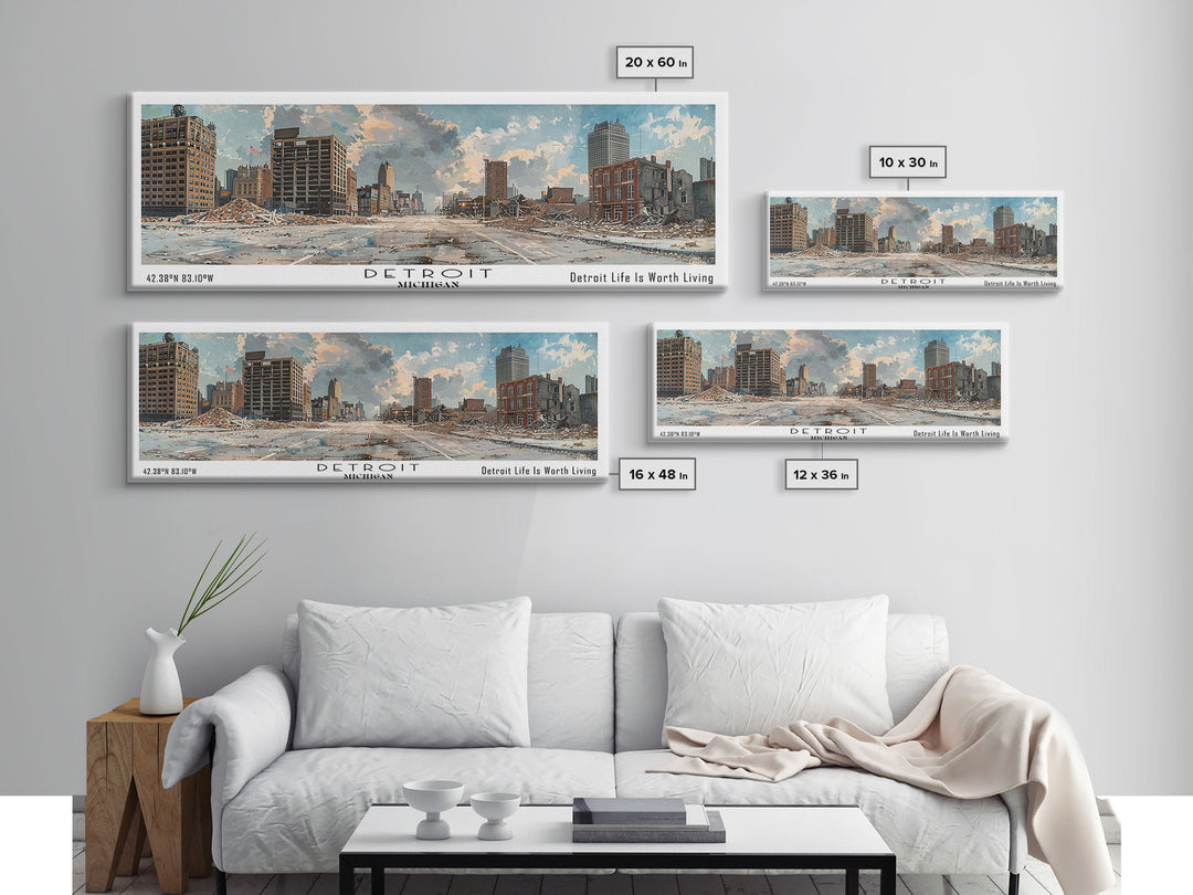 Detroit Michigan Panoramic Watercolor Painting, Scenic Framed Canvas Print, Urban Wall Art for Living Room, Travel Poster, Home Decor, City Gift Idea