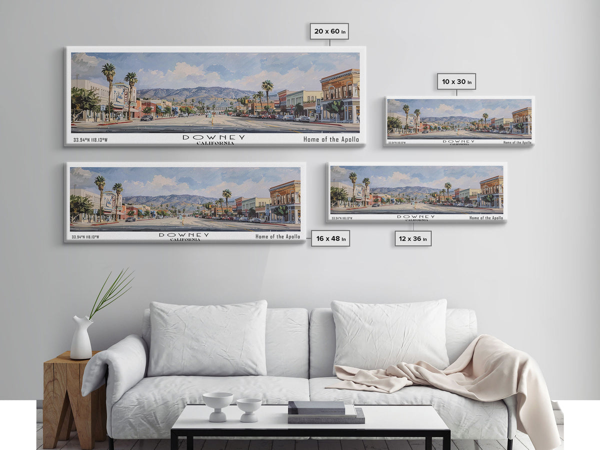 Downey California Panoramic Watercolor Painting, Scenic Framed Canvas Print, Urban Wall Art for Office, Travel Decor, City Print, Gift Idea