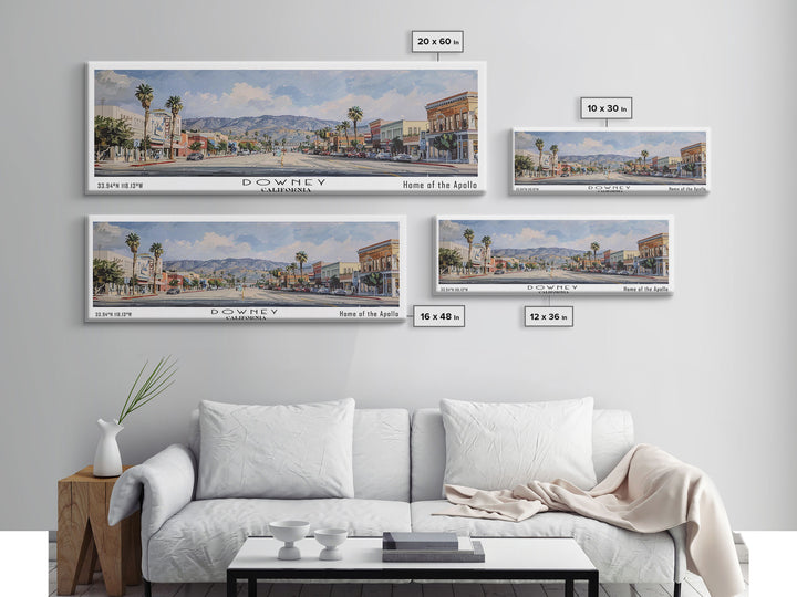 Downey California Panoramic Watercolor Painting, Scenic Framed Canvas Print, Urban Wall Art for Office, Travel Decor, City Print, Gift Idea
