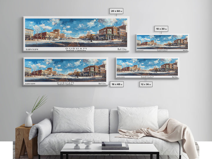 Durham North Carolina Panoramic Watercolor Painting, Scenic Framed Canvas Print, Urban Wall Art for Living Room, Travel Decor, City Print, Gift Idea