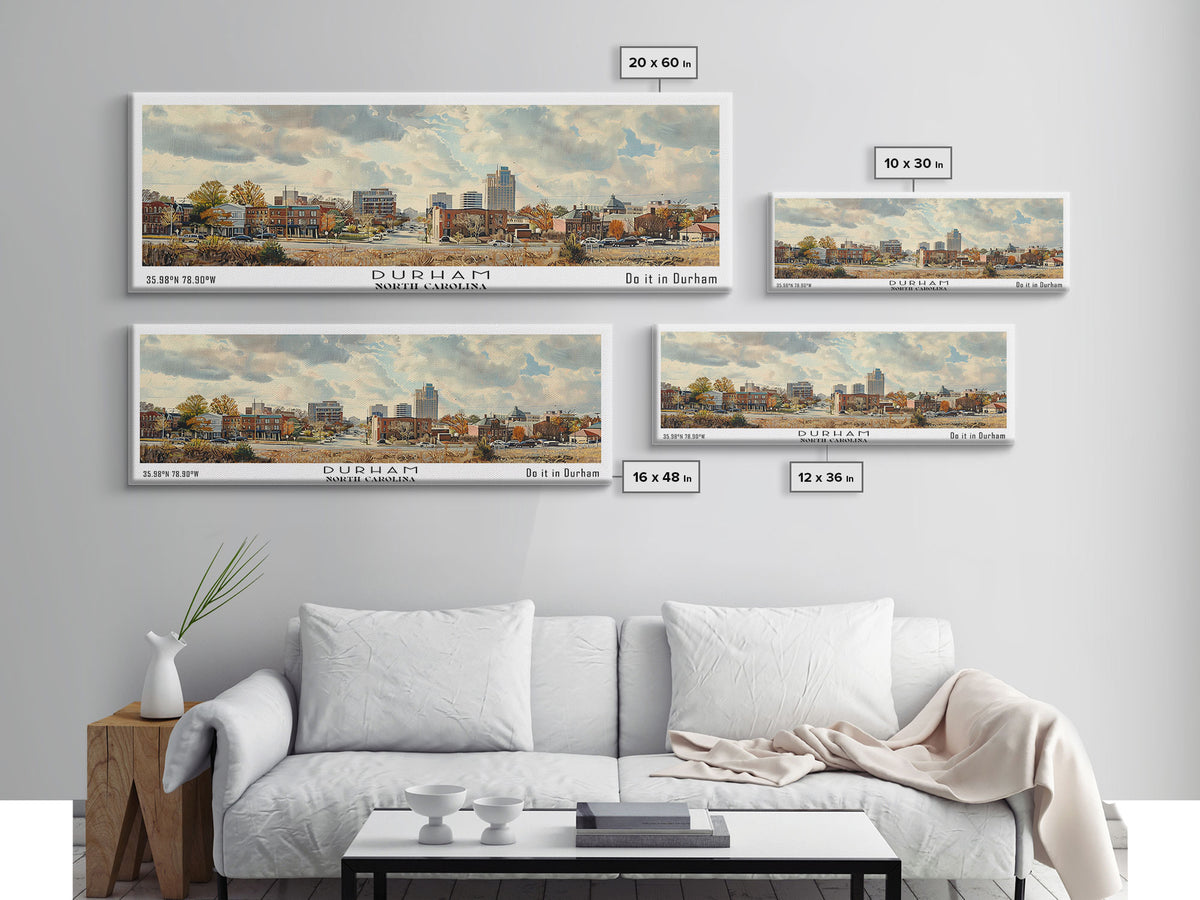 Durham North Carolina Panoramic Watercolor Painting, Scenic Framed Canvas Print, Urban Wall Art for Living Room, Travel Decor, City Print, Gift Idea