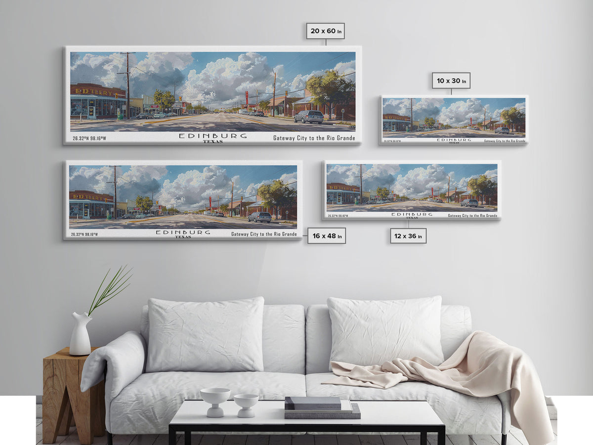 Edinburg Texas Panoramic Watercolor Painting, Scenic Framed Canvas Print, Urban Wall Art for Office, Travel Poster, Home Decor, City Gift Idea
