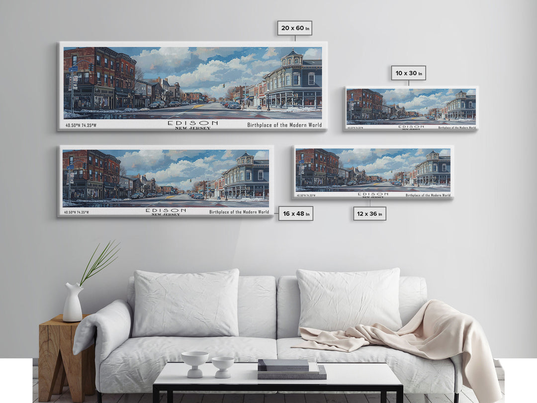 Edison New Jersey Panoramic Watercolor Painting, Scenic Framed Canvas Print, Urban Wall Art for Living Room, Travel Poster, Home Decor, City Gift Idea