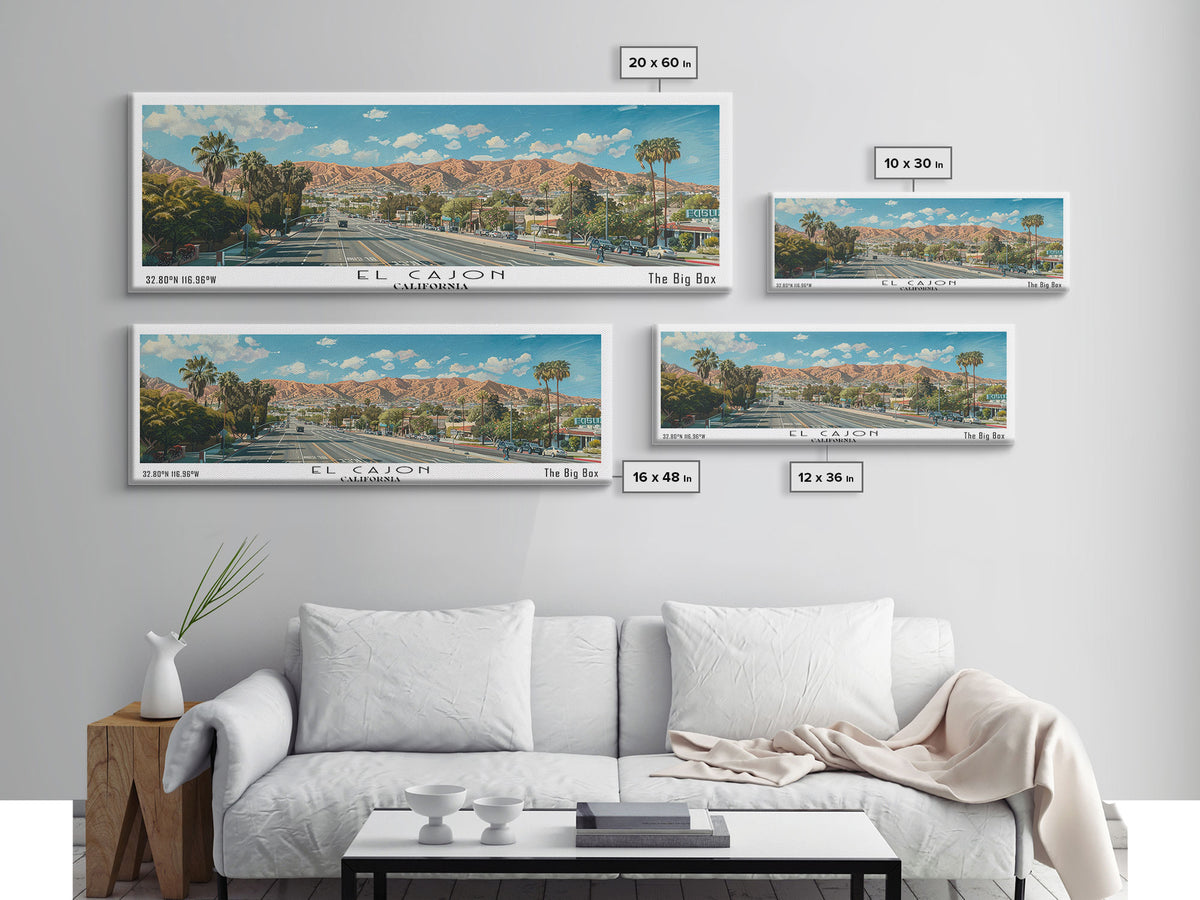 El Cajon California Panoramic Watercolor Painting, Scenic Framed Canvas Print, Urban Wall Art for Office, Travel Decor, City Print, Gift Idea