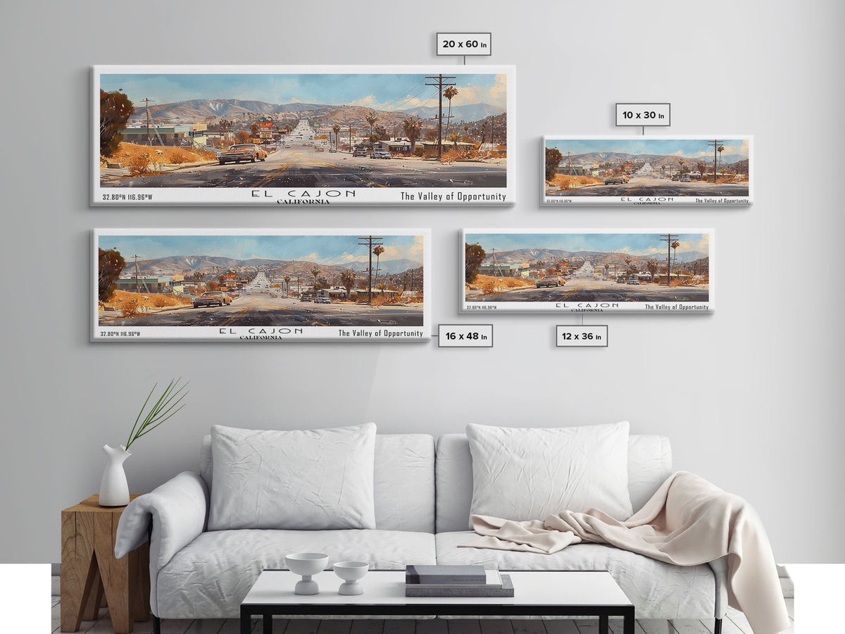 El Cajon California Panoramic Watercolor Painting, Scenic Framed Canvas Print, Urban Wall Art for Office, Travel Decor, City Print, Gift Idea