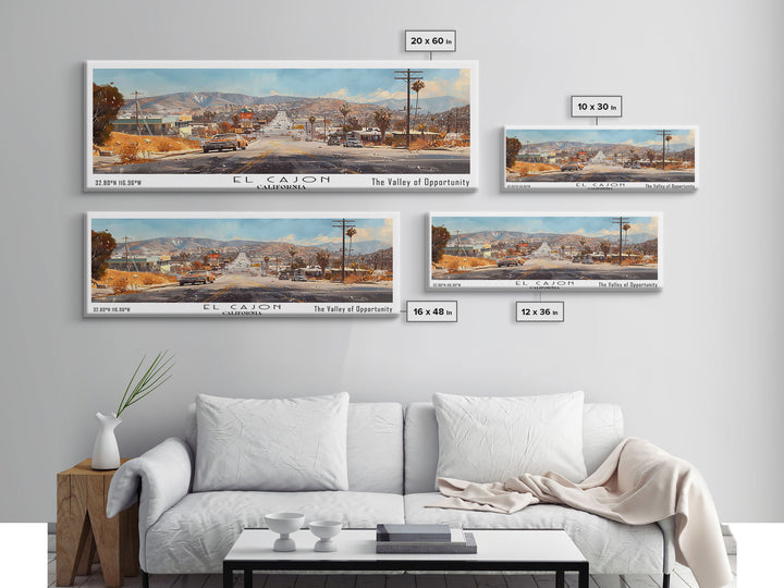 El Cajon California Panoramic Watercolor Painting, Scenic Framed Canvas Print, Urban Wall Art for Office, Travel Decor, City Print, Gift Idea