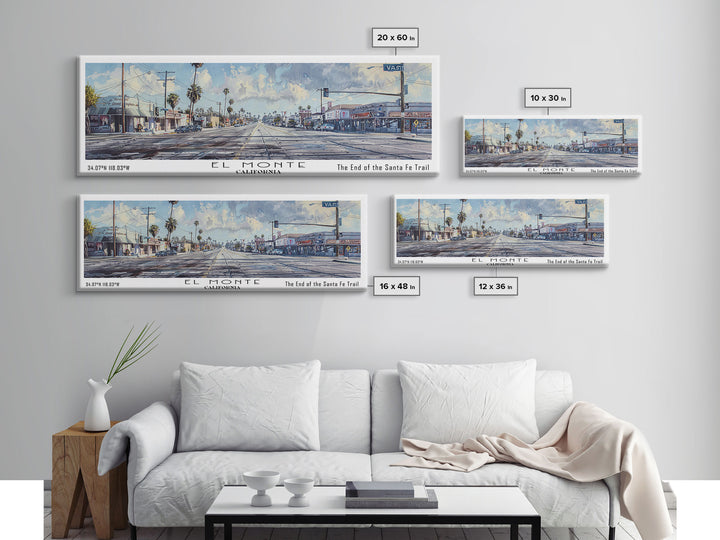 El Monte California Panoramic Watercolor Painting, Scenic Framed Canvas Print, Urban Wall Art for Office, Travel Decor, City Print, Gift Idea