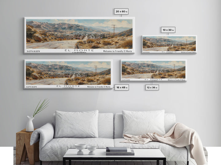 El Monte California Panoramic Watercolor Painting, Scenic Framed Canvas Print, Urban Wall Art for Office, Travel Decor, City Print, Gift Idea