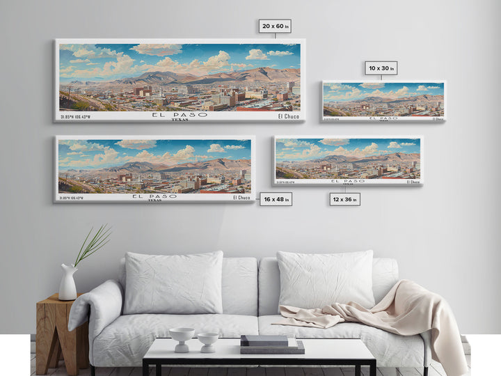 El Paso Texas Panoramic Watercolor Painting, Scenic Framed Canvas Print, Urban Wall Art for Living Room, Travel Decor, City Print, Gift Idea