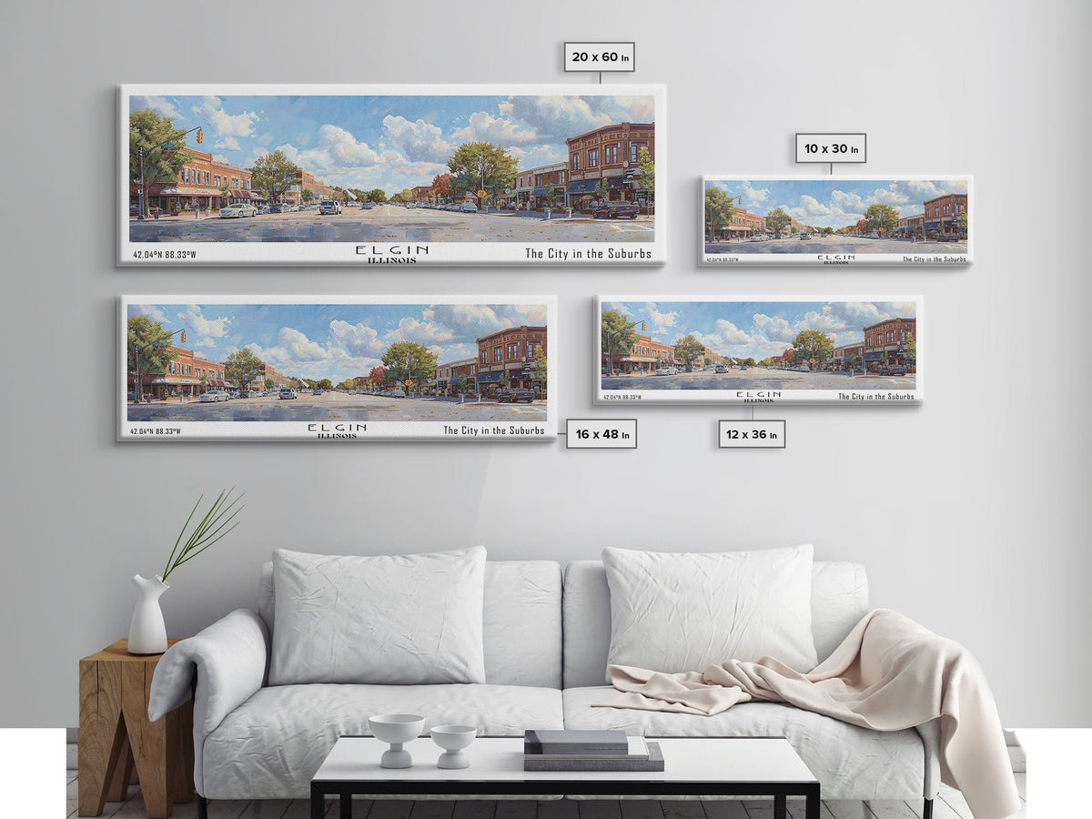Elgin Illinois Panoramic Watercolor Painting, Scenic Framed Canvas Print, Urban Wall Art for Living Room, Travel Poster, Home Decor, City Gift Idea