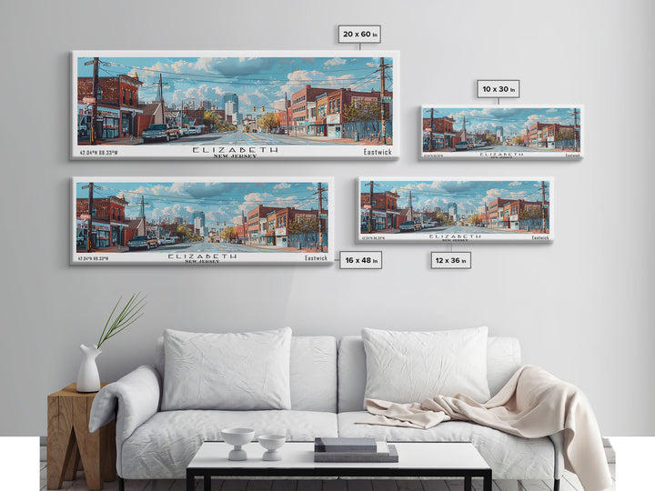 Elizabeth New Jersey Panoramic Watercolor Painting, Scenic Framed Canvas Print, Urban Wall Art for Office, Travel Decor, City Print, Gift Idea