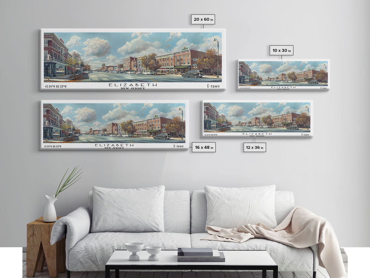 Elizabeth New Jersey Panoramic Watercolor Painting, Scenic Framed Canvas Print, Urban Wall Art for Office, Travel Decor, City Print, Gift Idea