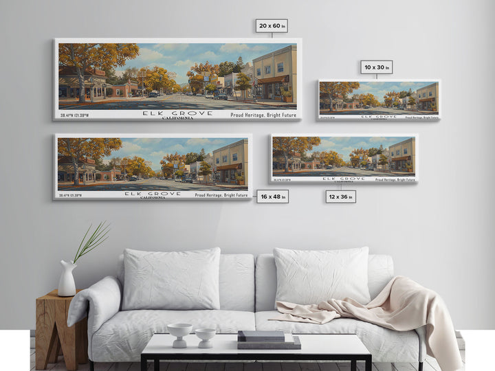 Elk Grove California Panoramic Watercolor Painting, Scenic Framed Canvas Print, Urban Wall Art for Living Room, Travel Poster, Home Decor, City Gift Idea