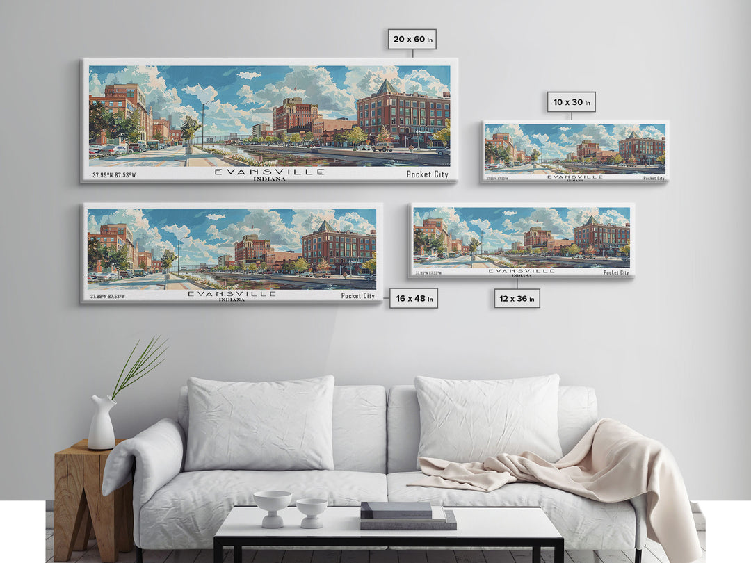 Evansville Indiana Panoramic Watercolor Painting, Scenic Framed Canvas Print, Urban Wall Art for Living Room, Travel Poster, Home Decor, City Gift Idea