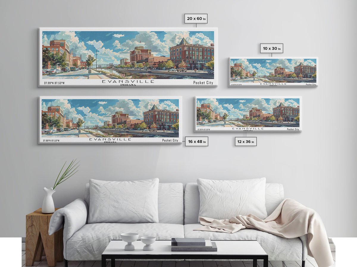 Evansville Indiana Panoramic Watercolor Painting, Scenic Framed Canvas Print, Urban Wall Art for Living Room, Travel Poster, Home Decor, City Gift Idea