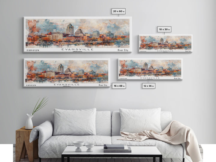 Evansville Indiana Panoramic Watercolor Painting, Scenic Framed Canvas Print, Urban Wall Art for Living Room, Travel Poster, Home Decor, City Gift Idea