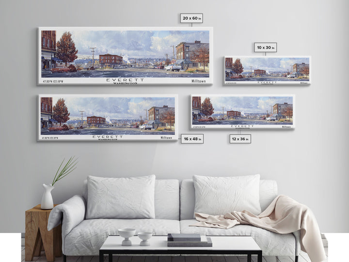 Everett Washington Panoramic Watercolor Painting, Scenic Framed Canvas Print, Urban Wall Art for Office, Travel Decor, City Print, Gift Idea