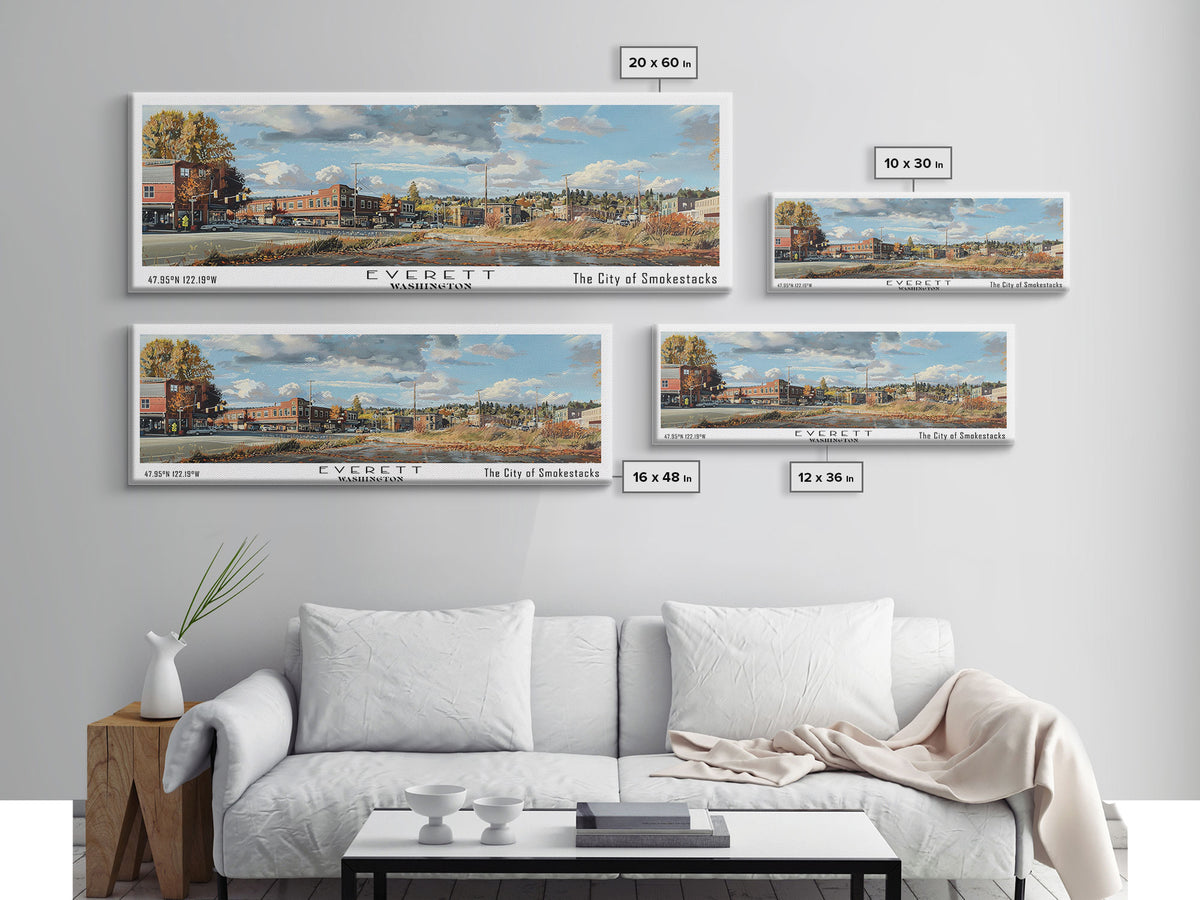 Everett Washington Panoramic Watercolor Painting, Scenic Framed Canvas Print, Urban Wall Art for Office, Travel Decor, City Print, Gift Idea