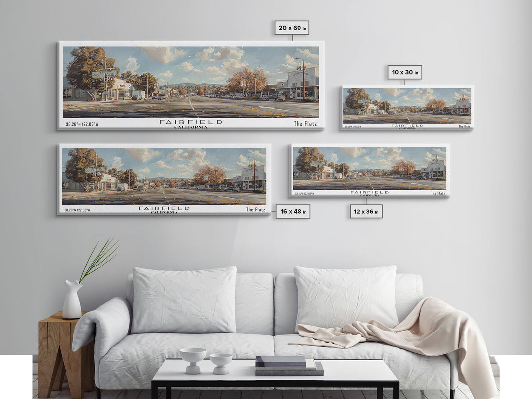 Fairfield California Panoramic Watercolor Painting, Scenic Framed Canvas Print, Urban Wall Art for Living Room, Travel Poster, Home Decor, City Gift Idea