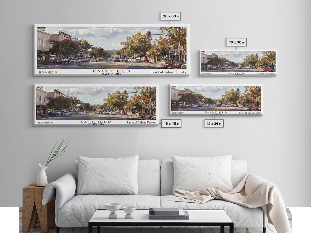 Fairfield California Panoramic Watercolor Painting, Scenic Framed Canvas Print, Urban Wall Art for Living Room, Travel Poster, Home Decor, City Gift Idea