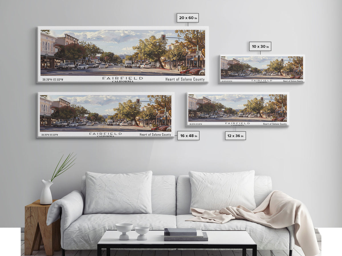 Fairfield California Panoramic Watercolor Painting, Scenic Framed Canvas Print, Urban Wall Art for Living Room, Travel Poster, Home Decor, City Gift Idea