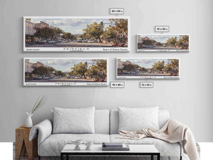 Fairfield California Panoramic Watercolor Painting, Scenic Framed Canvas Print, Urban Wall Art for Living Room, Travel Poster, Home Decor, City Gift Idea