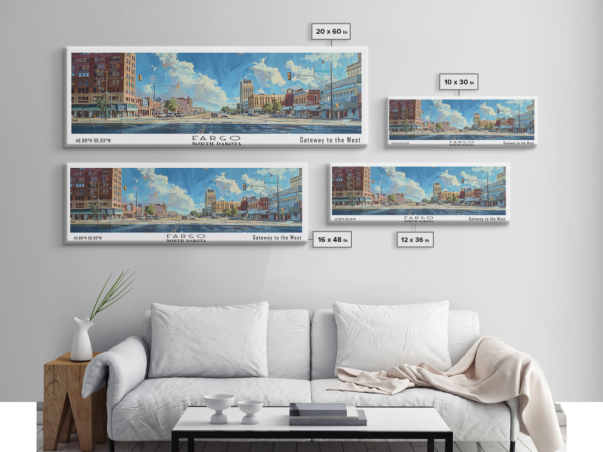 Fargo North Carolina Panoramic Watercolor Painting, Scenic Framed Canvas Print, Urban Wall Art for Office, Travel Decor, City Print, Gift Idea